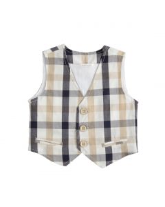 Gilet in cotone fantasia check nei toni del blu, beige e panna