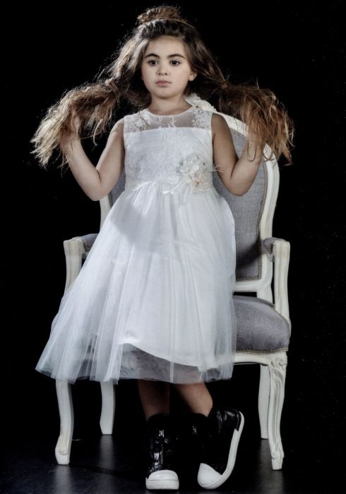 Abito con bustino in tulle ricamato in trasparenza