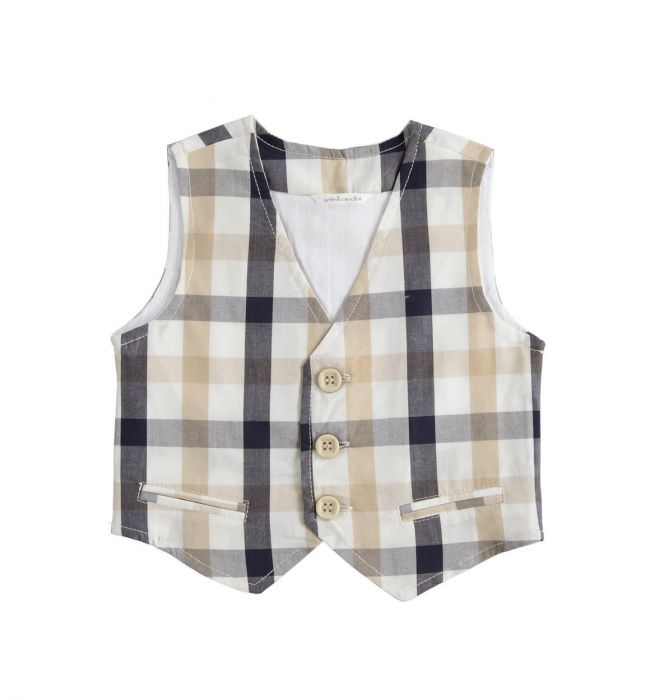 Gilet in cotone fantasia check nei toni del blu, beige e panna