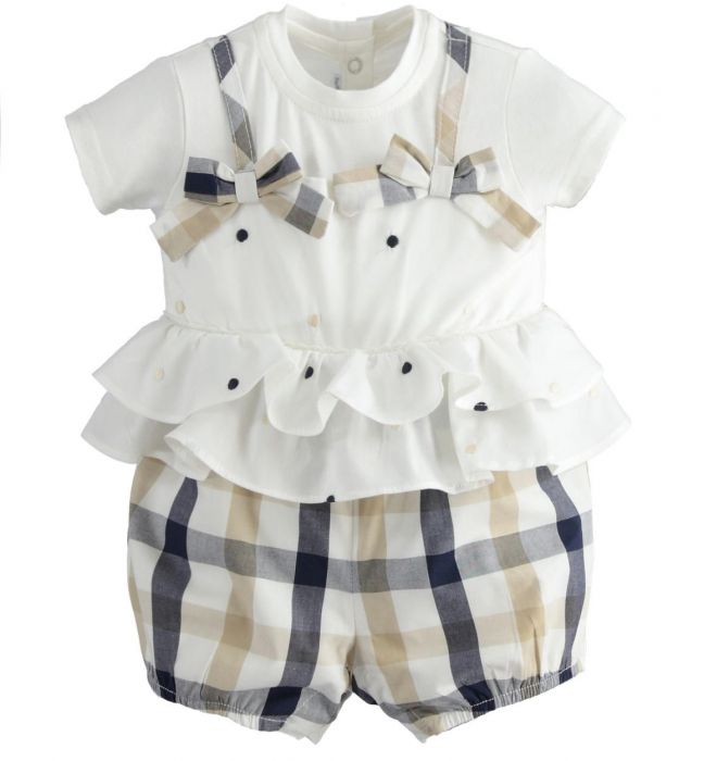 Pagliaccetto con top bianco con ricami pois e doppia rouches in vita