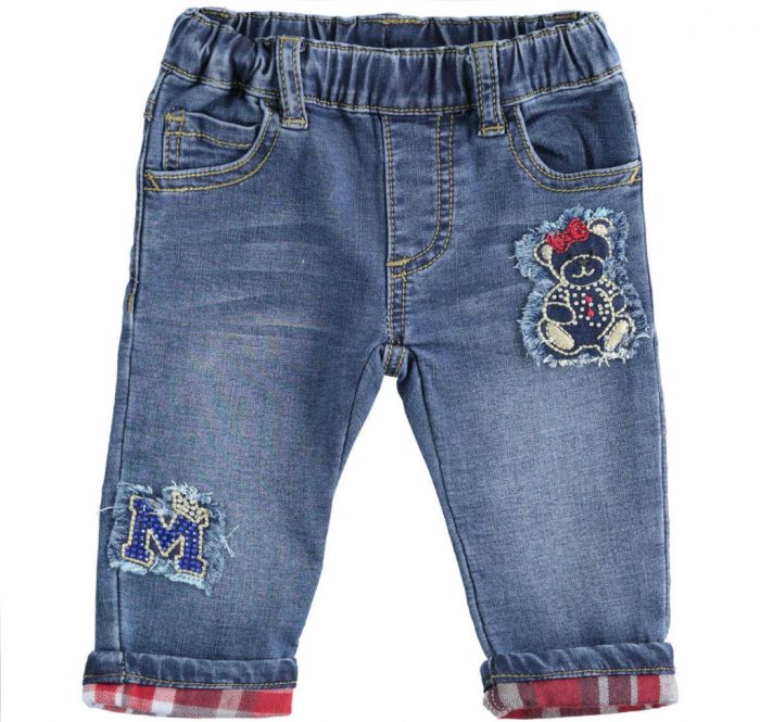 Pantalone in denim maglia con patches