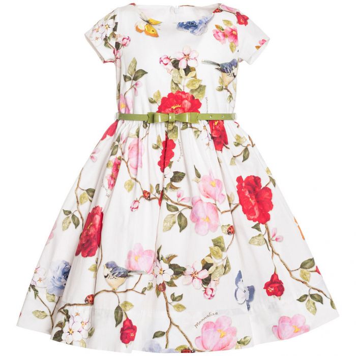 Vestito con fiori di pesco e piccoli animali per bambina, di Monnalisa